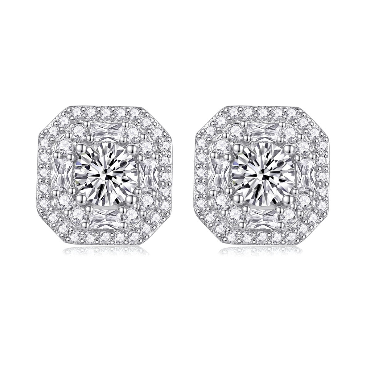 Round Moissanite Octagonal Double-Halo Stud Earrings in 925 Silver