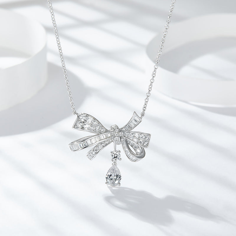 Moissanite Pave Bow Pendant Necklace with Pear Drop in 925 Silver