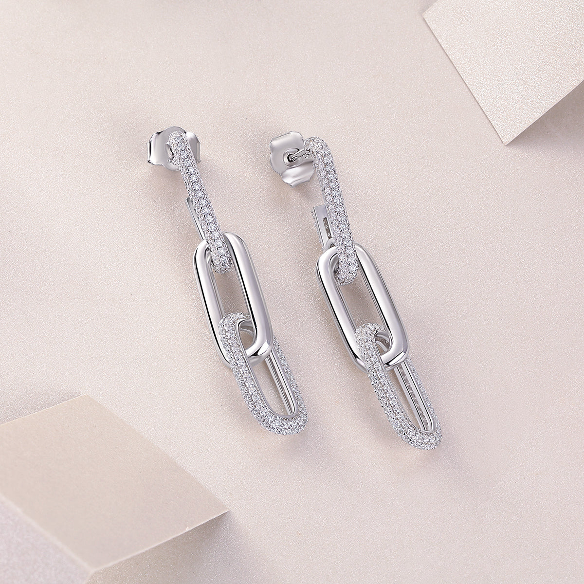 Pave Moissanite Paperclip Link Drop Earrings in 925 Sterling Silver