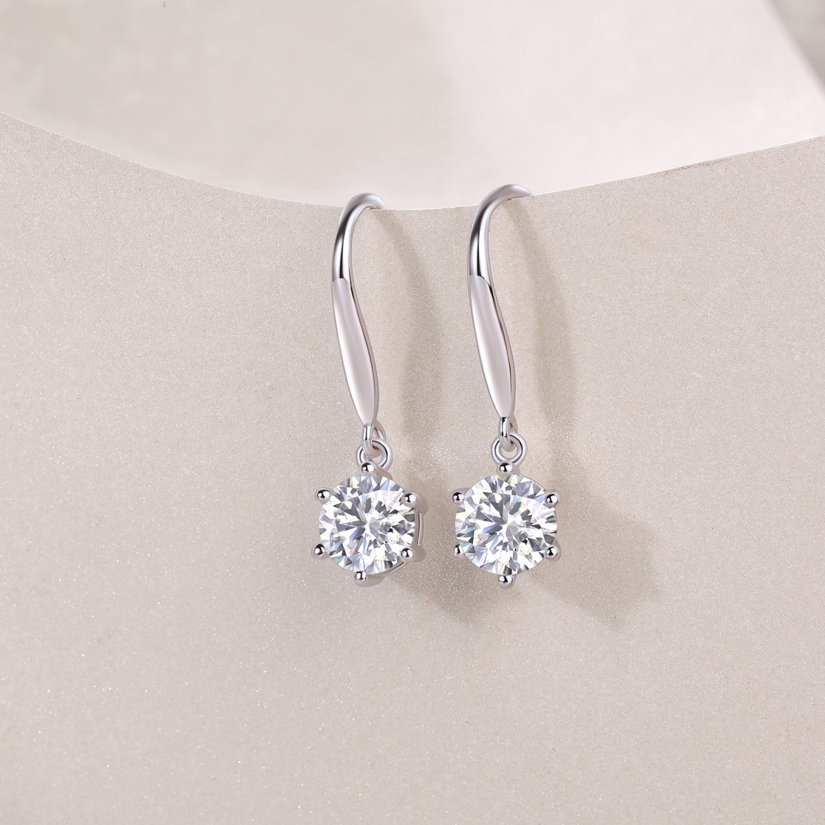 Round Moissanite Solitaire Drop Earrings on Long Hooks in 925 Silver