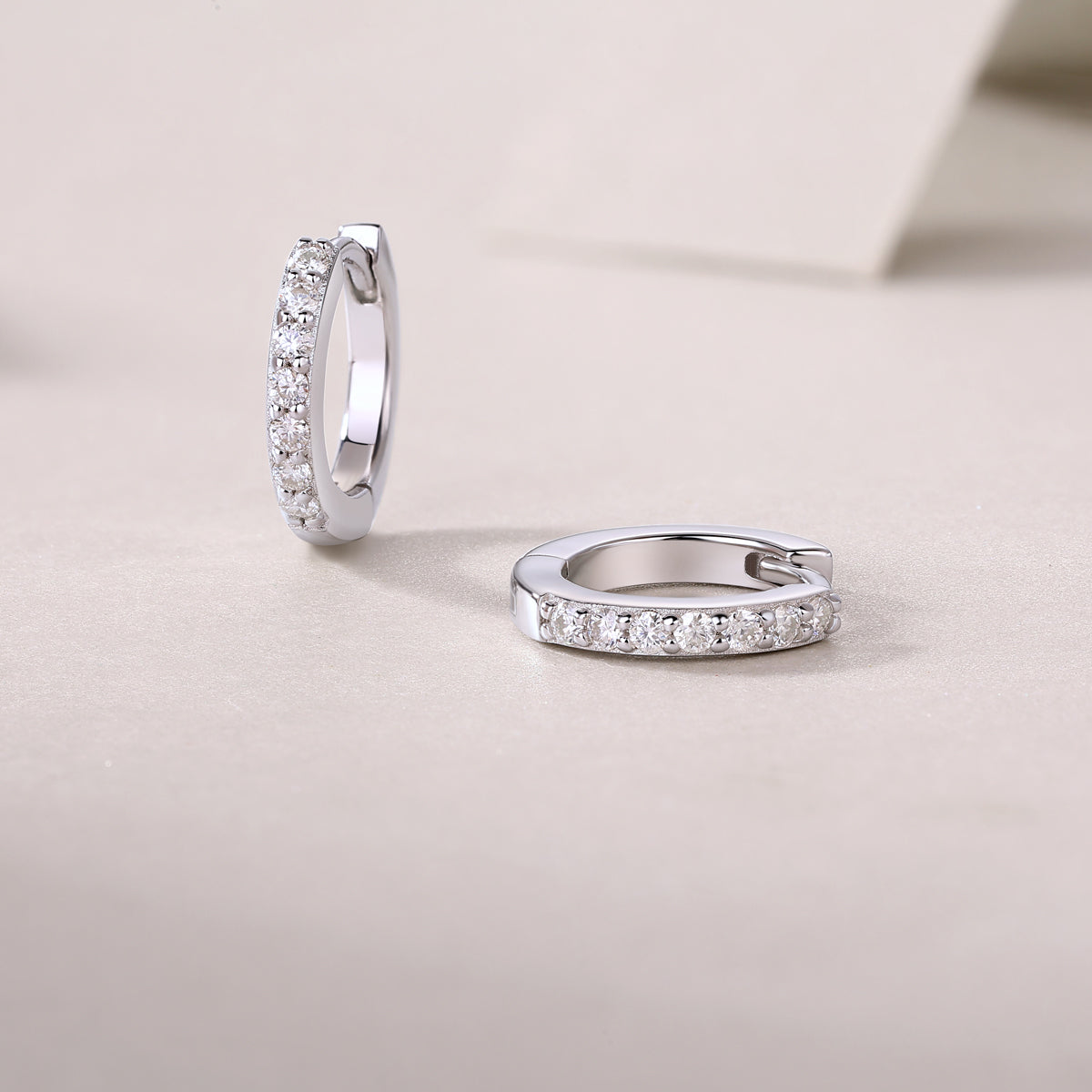 Moissanite Single-Row Pave Huggie Hoop Earrings in 925 Silver