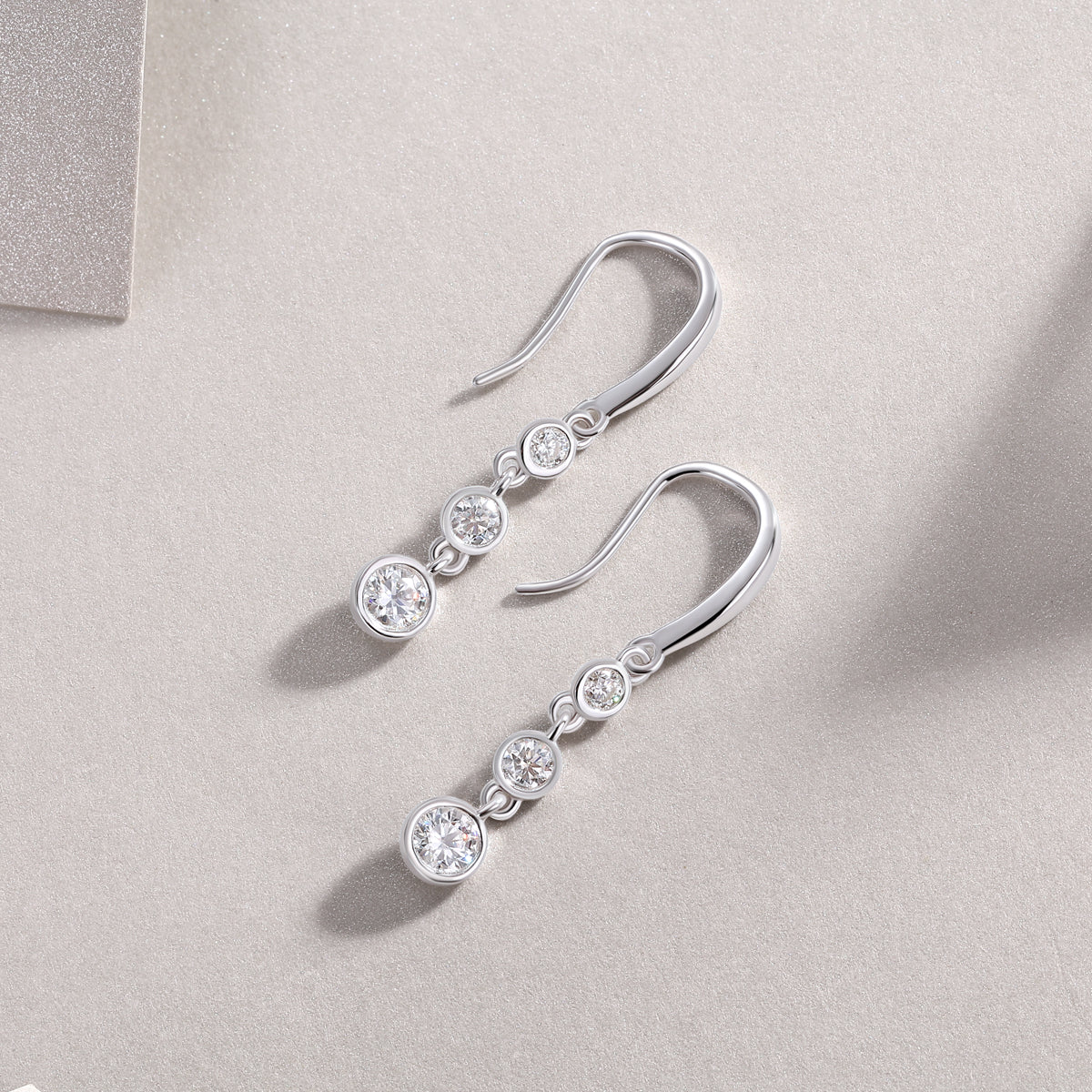 Round Moissanite Triple Bezel Drop Earrings in 925 Sterling Silver