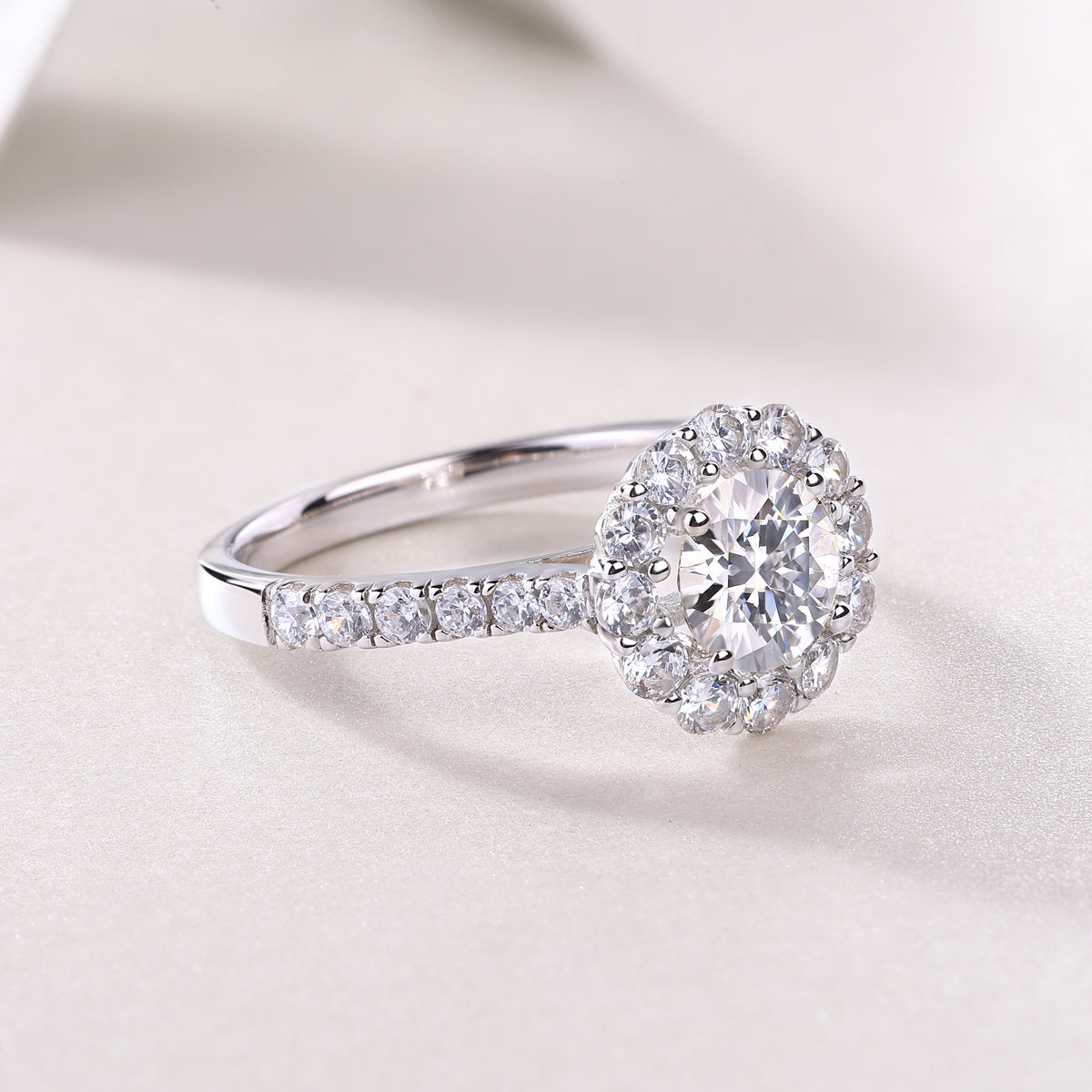 Round Moissanite Floral Halo Ring with Pave Band in 925 Silver