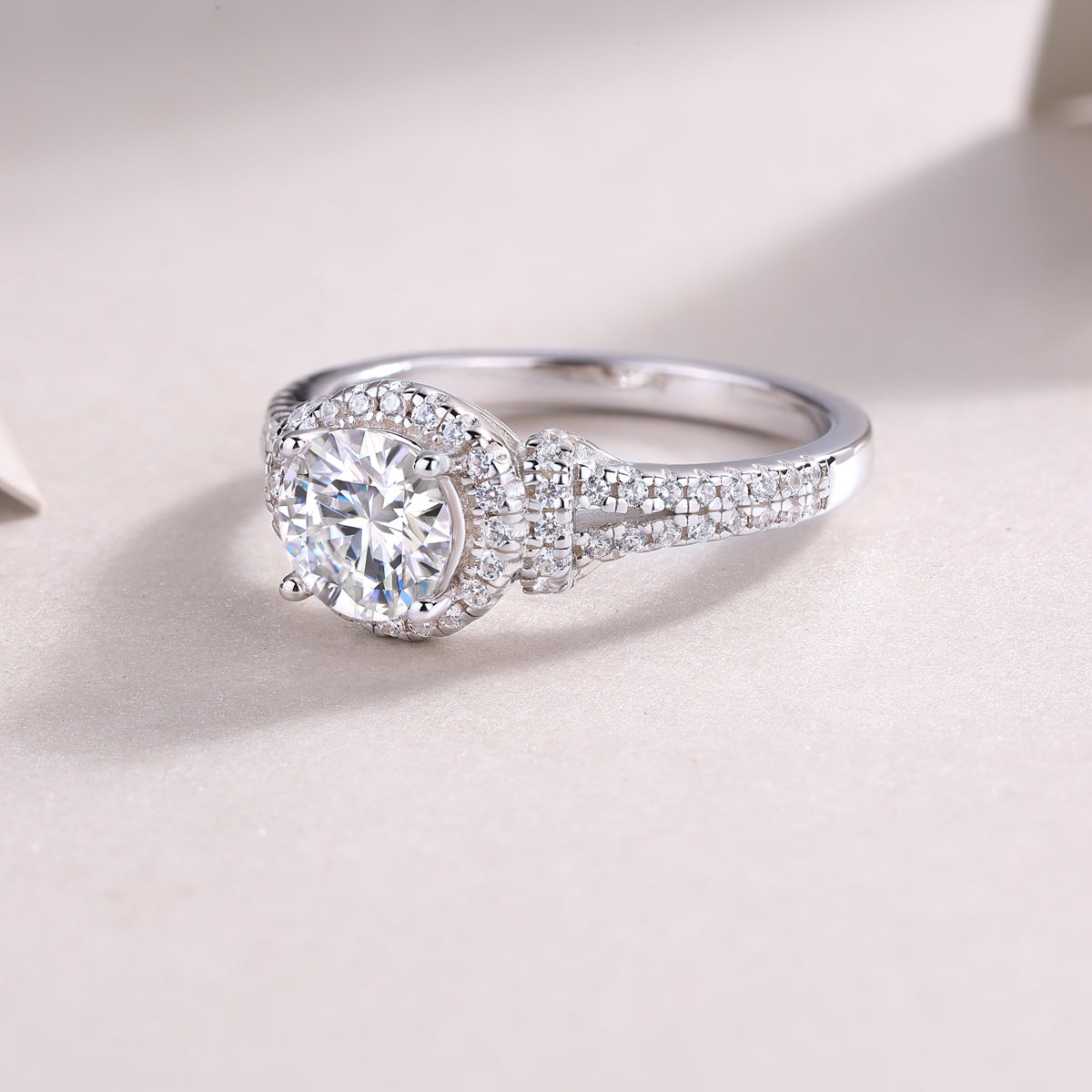 Round Moissanite Halo Ring with Split Pave Shank in 925 Silver