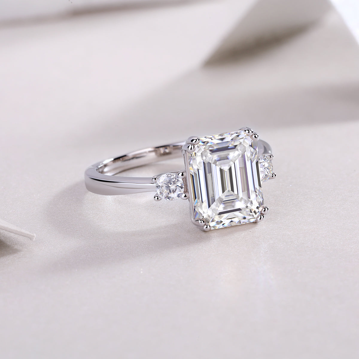 Emerald-Cut Moissanite Three-Stone Ring in 925 Sterling Silver