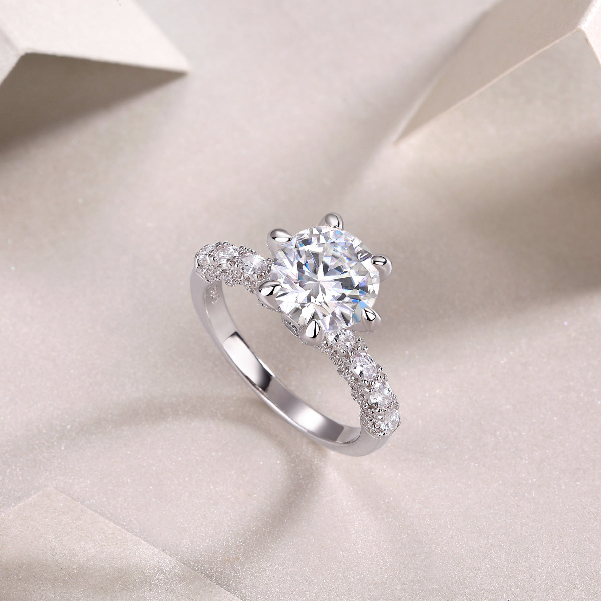 Round Moissanite Six-Prong Solitaire with Patterned Pave Band in 925 Silver