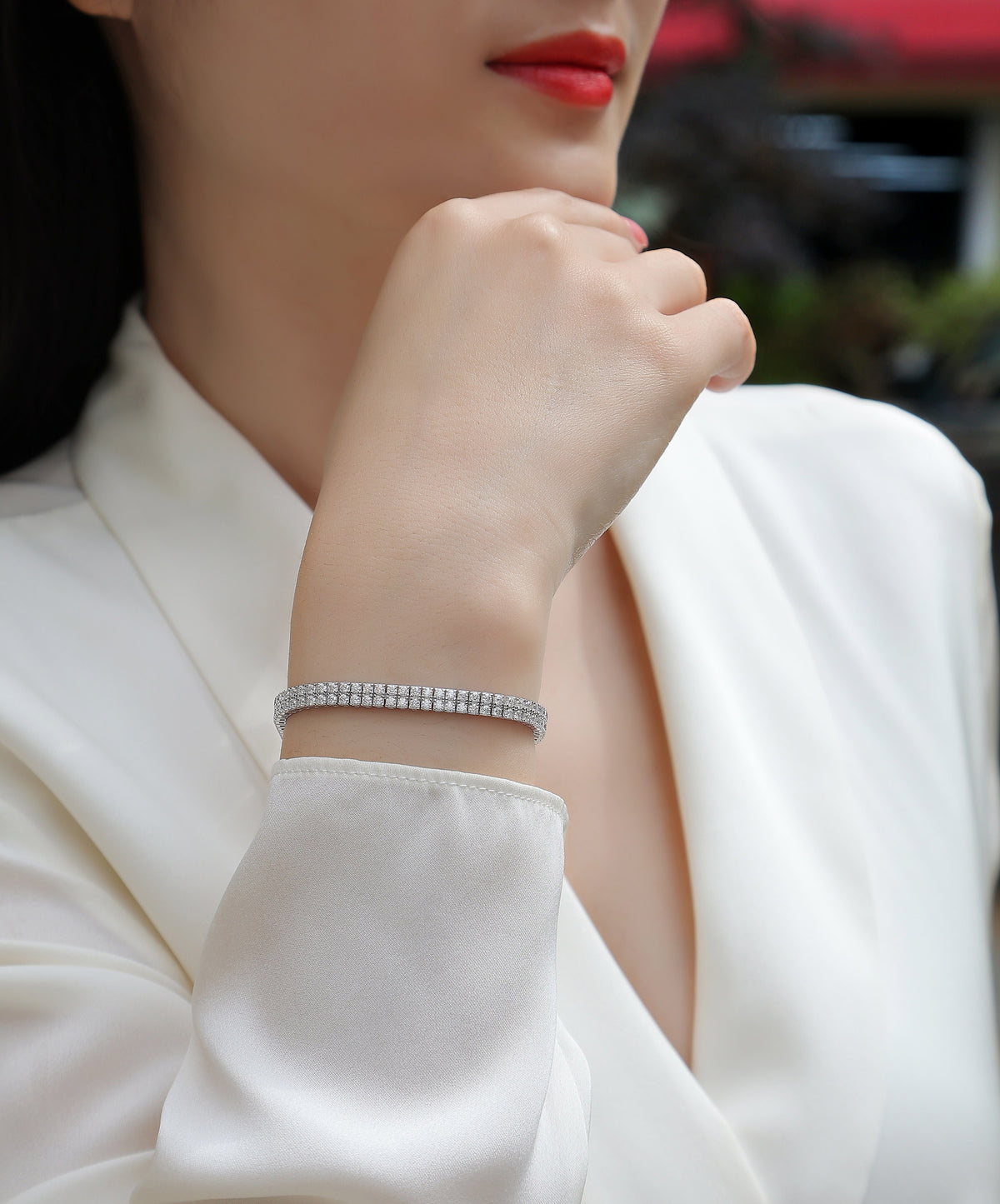 Two-Row Moissanite Tennis Bracelet in 925 Sterling Silver - worn