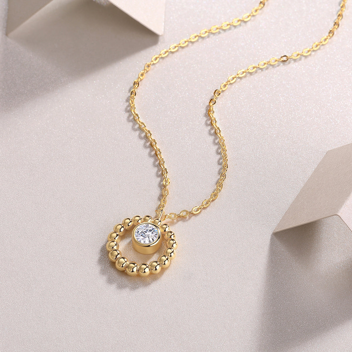 Round Moissanite Bezel Beaded Circle Pendant in Gold-Plated 925 Silver