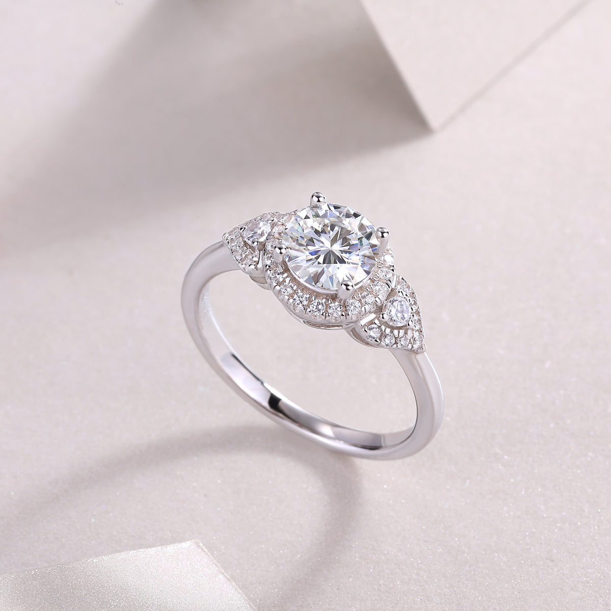 Round Moissanite Halo Ring with Pear Pave Accents in 925 Silver