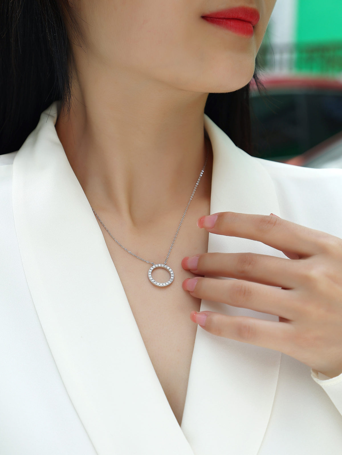 Pave Moissanite Open Circle Pendant Necklace in 925 Sterling Silver - worn