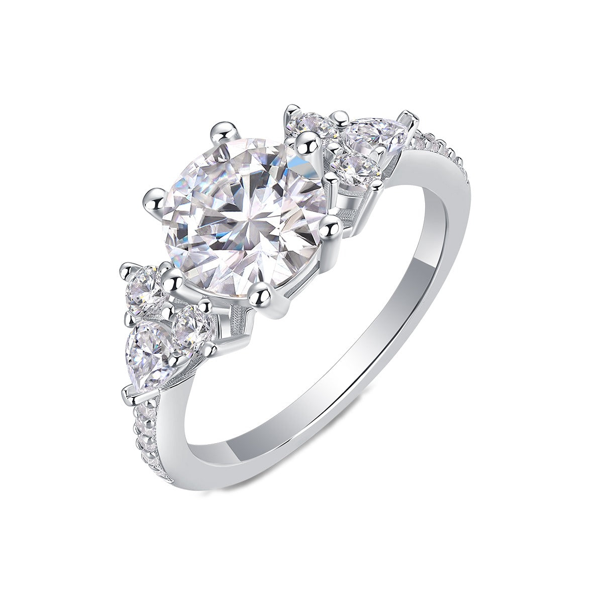 Round Moissanite Engagement Ring with Cluster Shoulders in 925 Silver