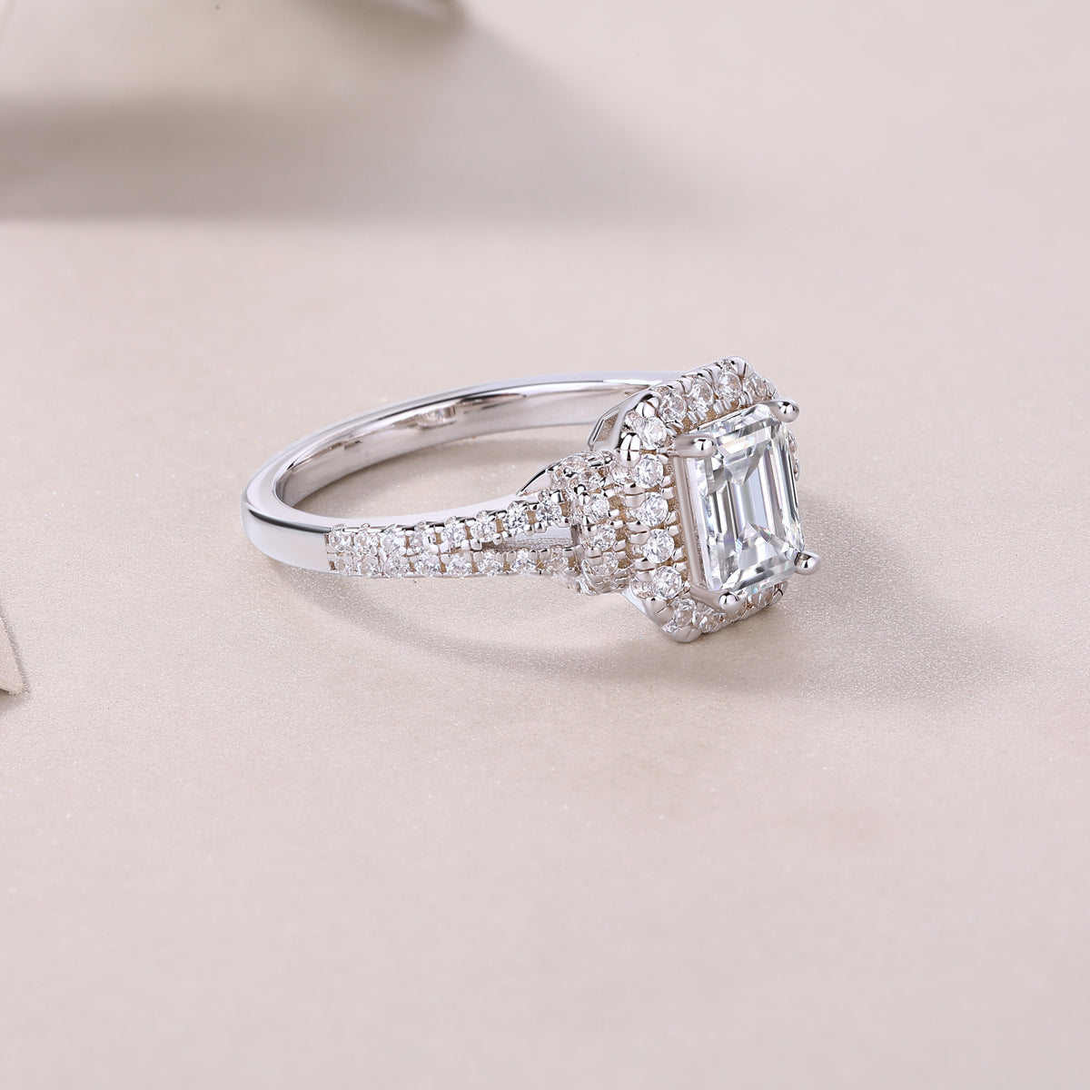Emerald-Cut Moissanite Halo Ring with Split Pave Shank in 925 Silver