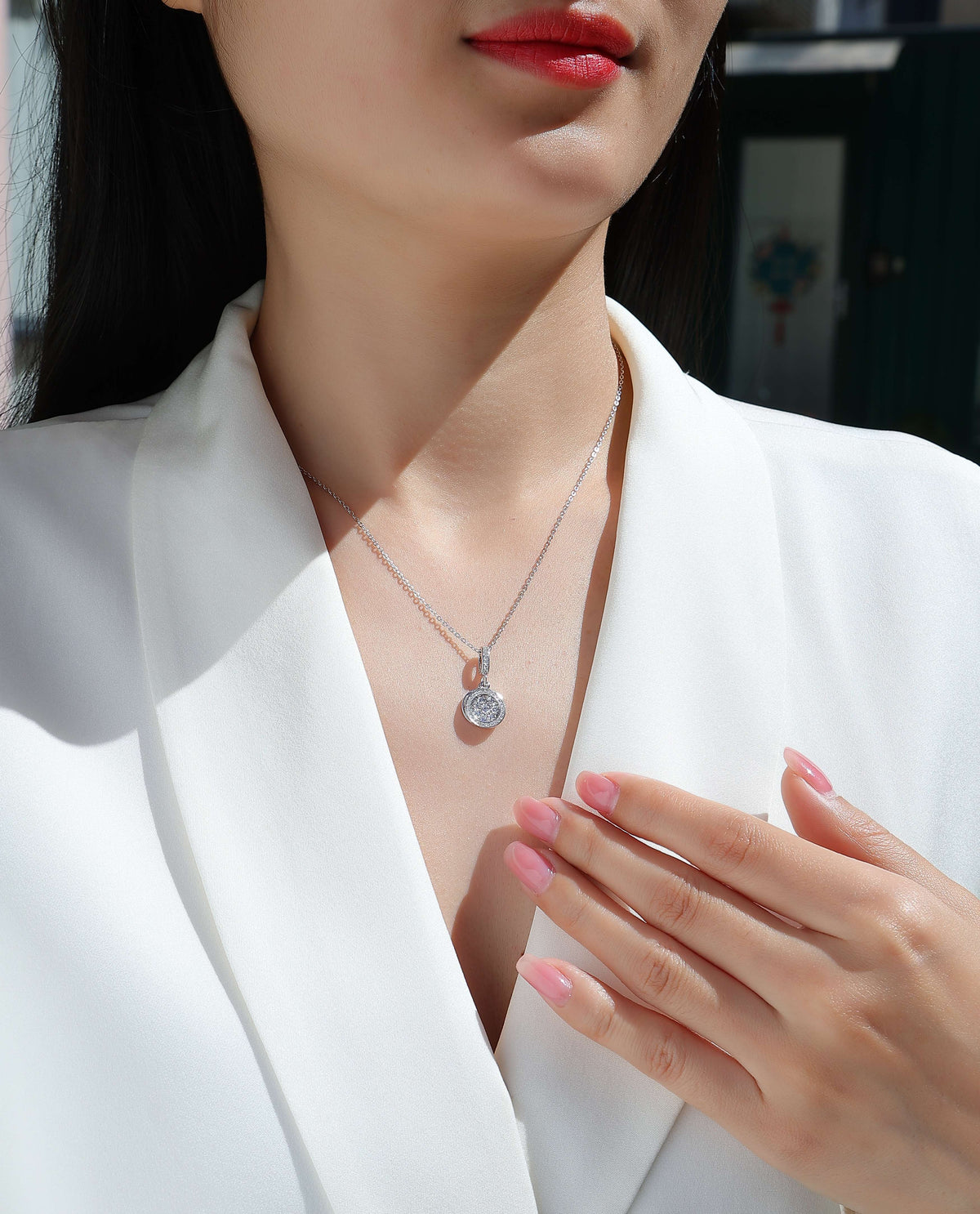 Moissanite Pave Round Disc Pendant Necklace in 925 Sterling Silver - worn