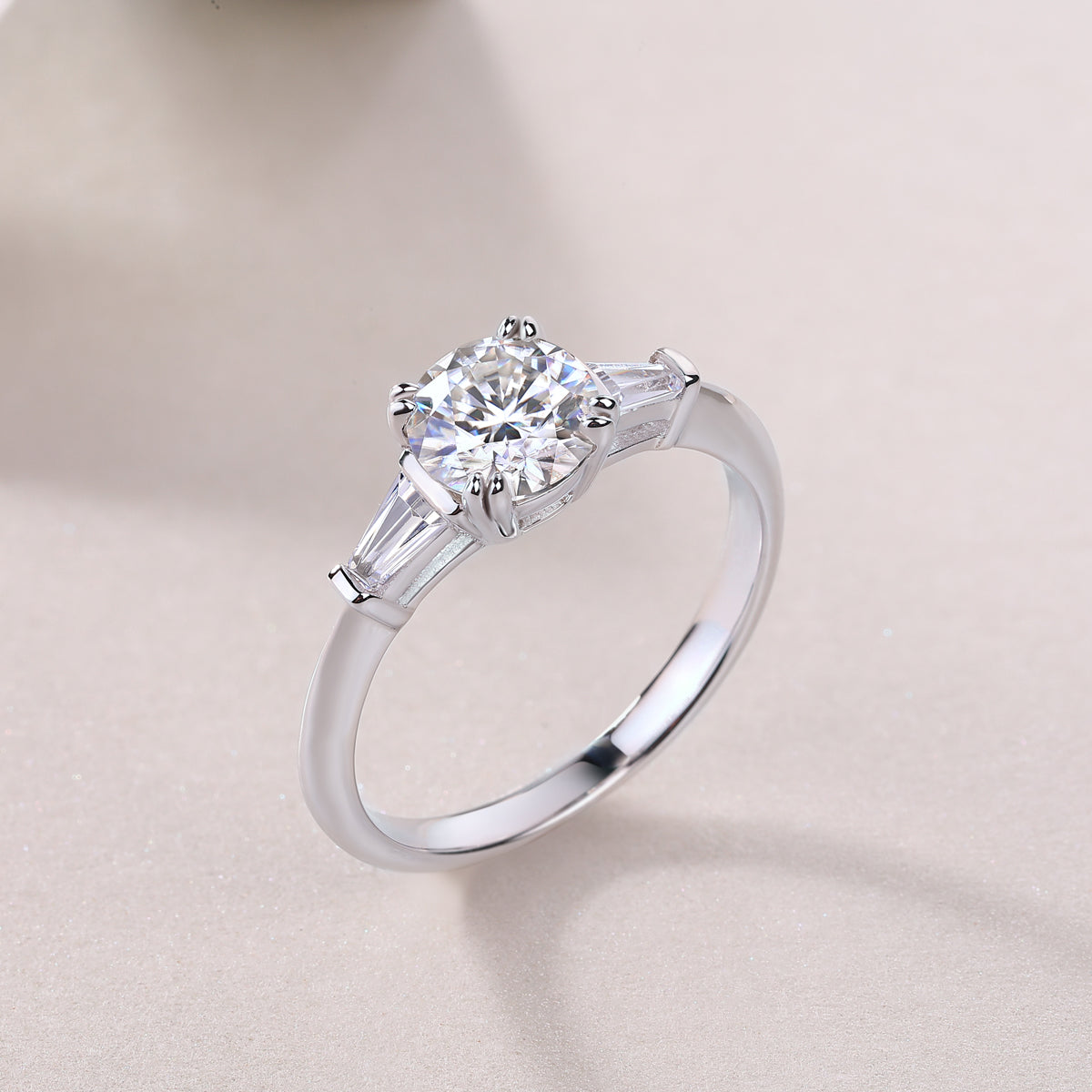 Round Moissanite Ring with Tapered Baguettes in 925 Sterling Silver