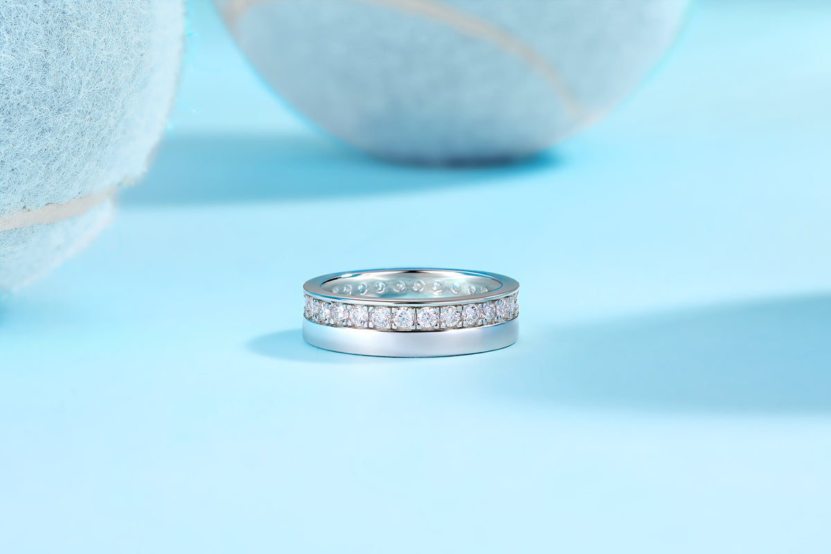 Moissanite Offset Double Band Ring with Pave Row in 925 Silver