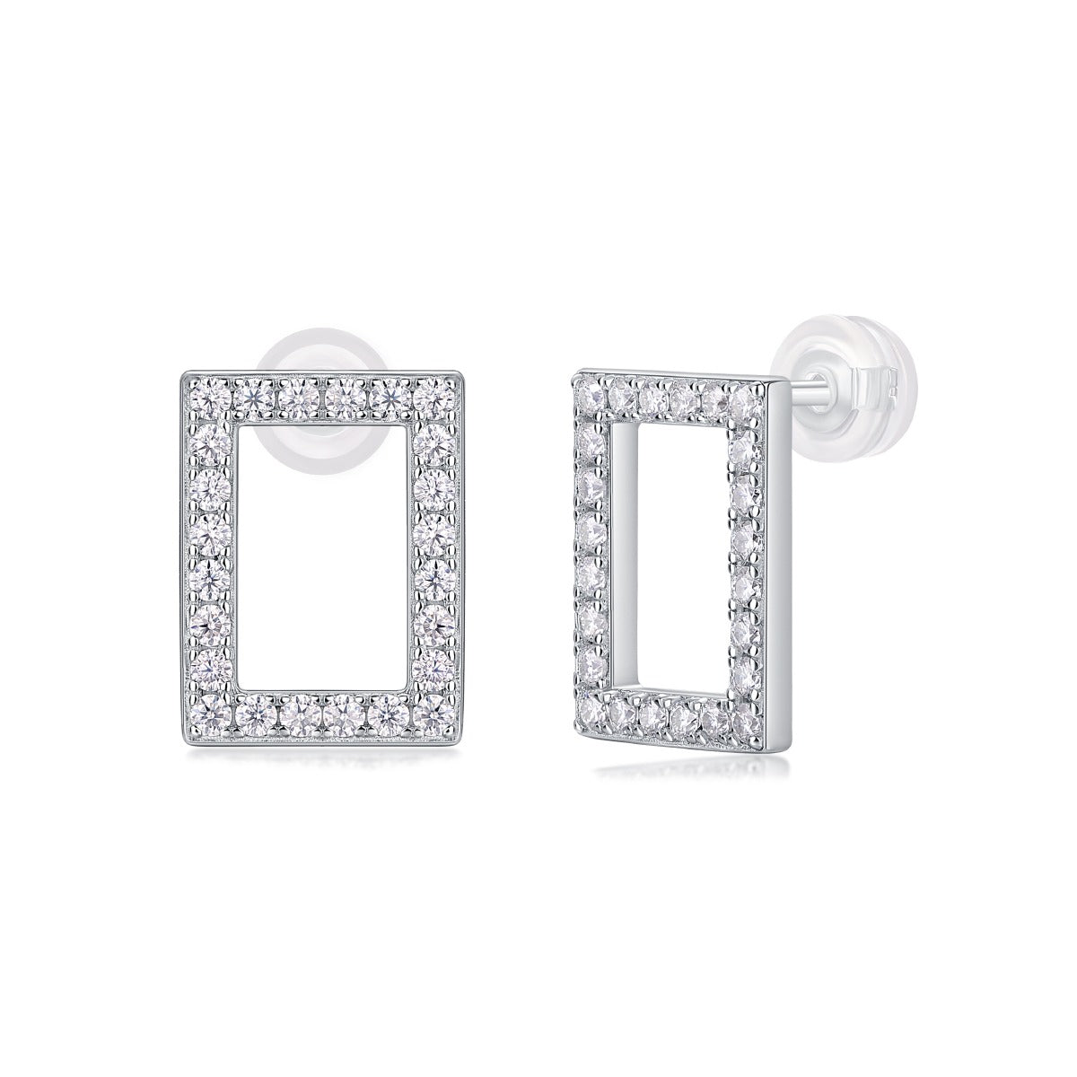 Moissanite Pave Open Rectangle Stud Earrings in 925 Sterling Silver