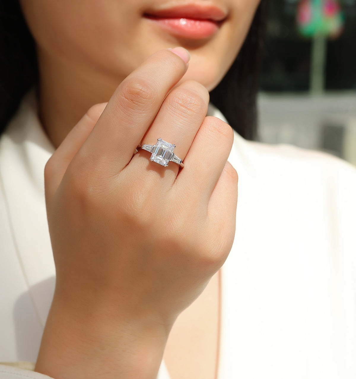 Emerald-Cut Moissanite Ring with Tapered Baguettes in 925 Silver - worn