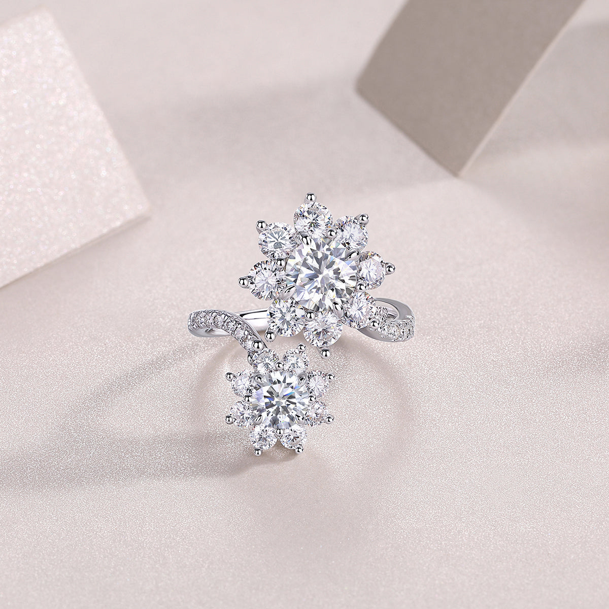 Moissanite Double Flower Cluster Bypass Ring in 925 Sterling Silver