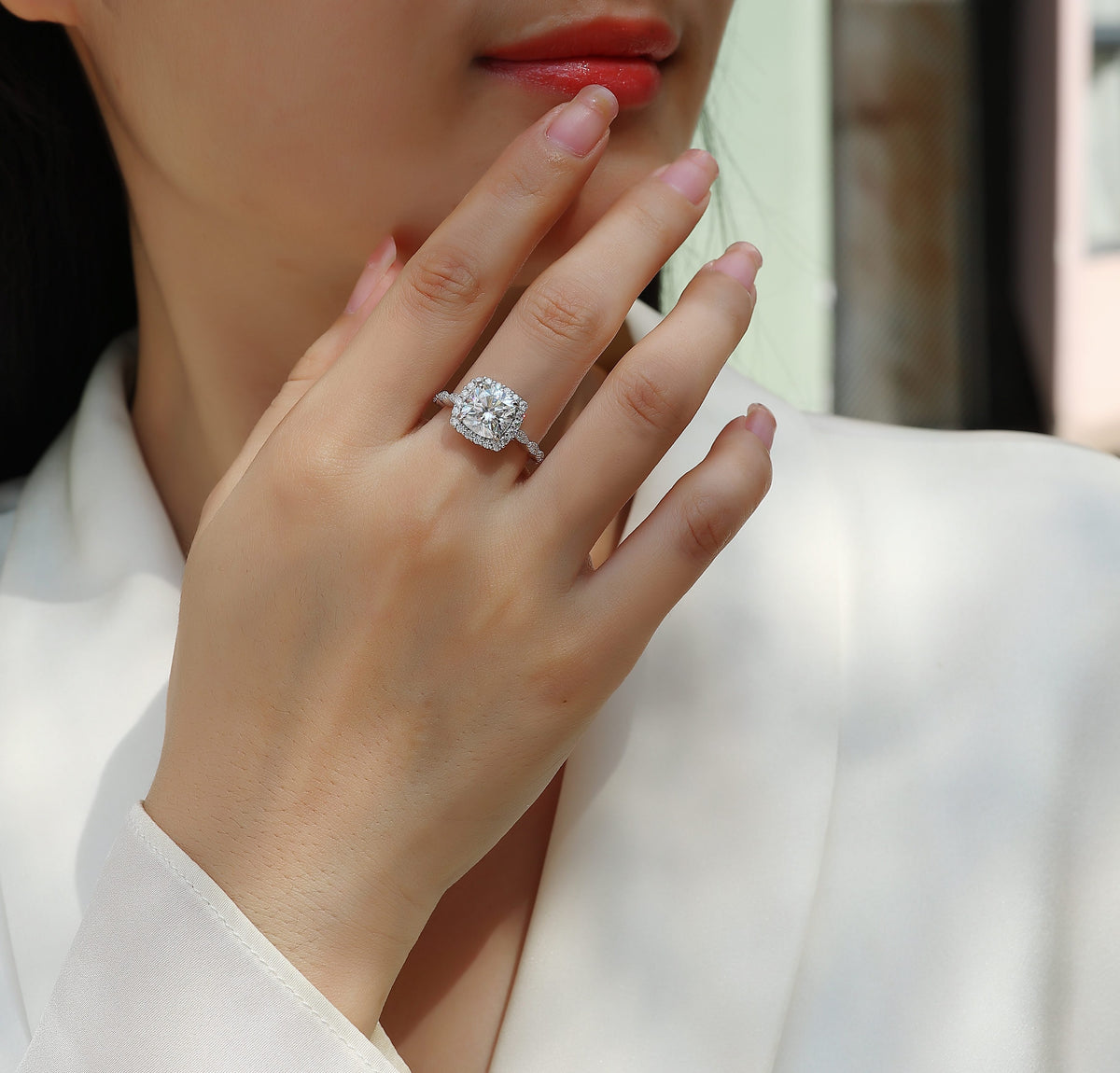 Cushion-Cut Moissanite Halo Ring in 925 Sterling Silver - worn