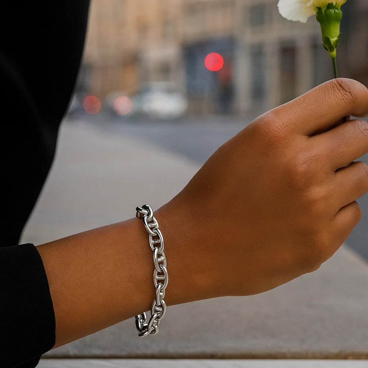 Sterling Silver Rhodium Plated Puffed Mariner Bracelet (5.90 mm)