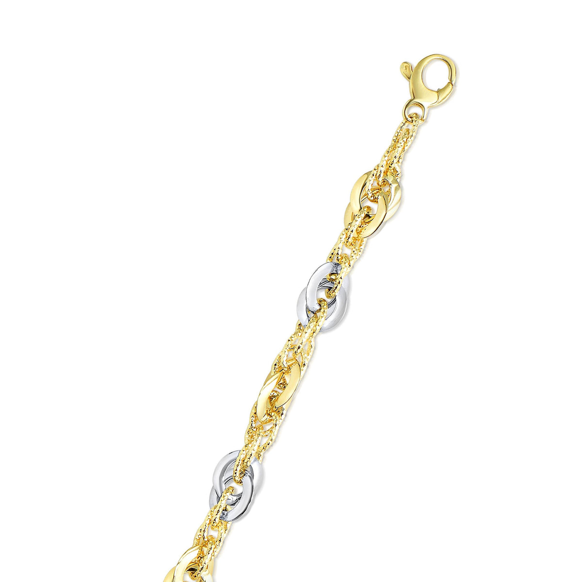 14k Two-Tone Yellow and White Gold Double Link Textured Bracelet (10.00 mm)
