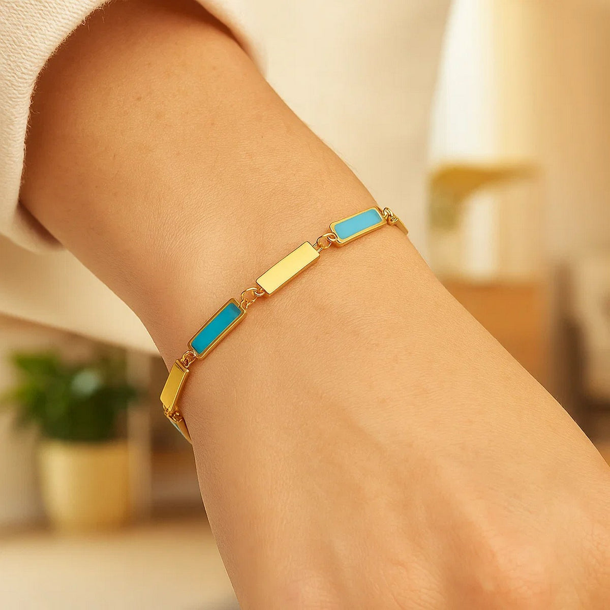 14K Yellow Gold Turquoise Rectangle Links Bracelet (3.50 mm)