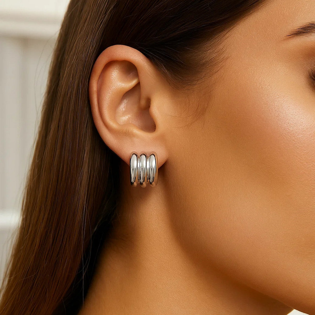 Sterling Silver Triple Row C Hoop Earrings