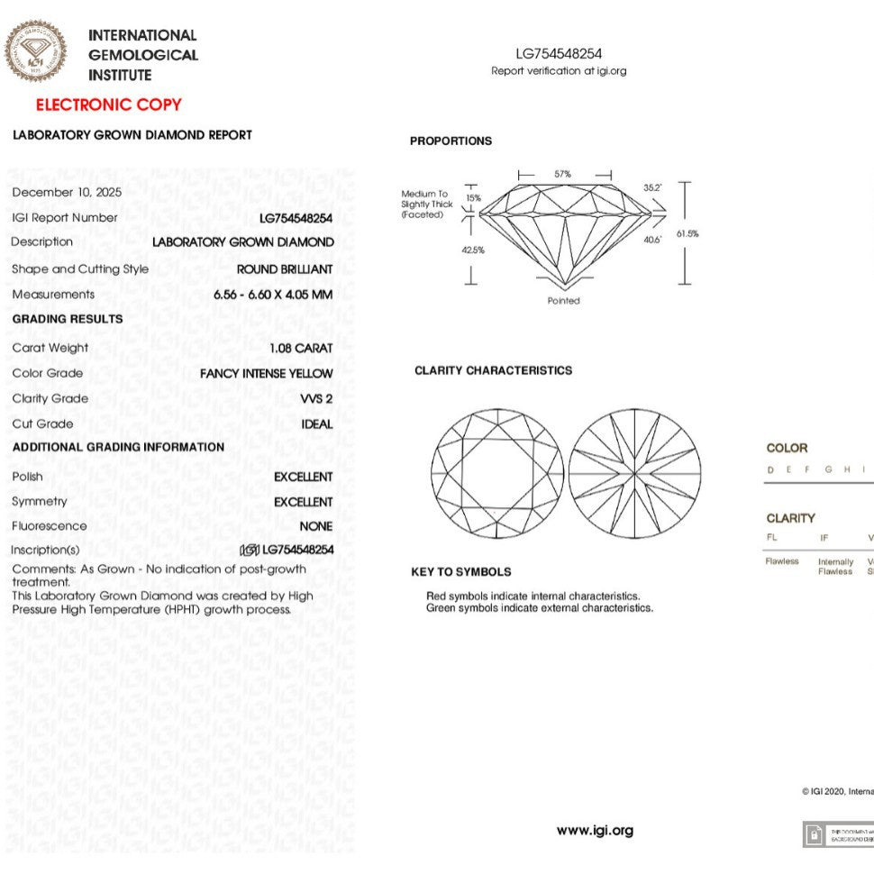 IGI report LG754548254 for this 1.08 carat lab-grown diamond. Verify it at igi.org.