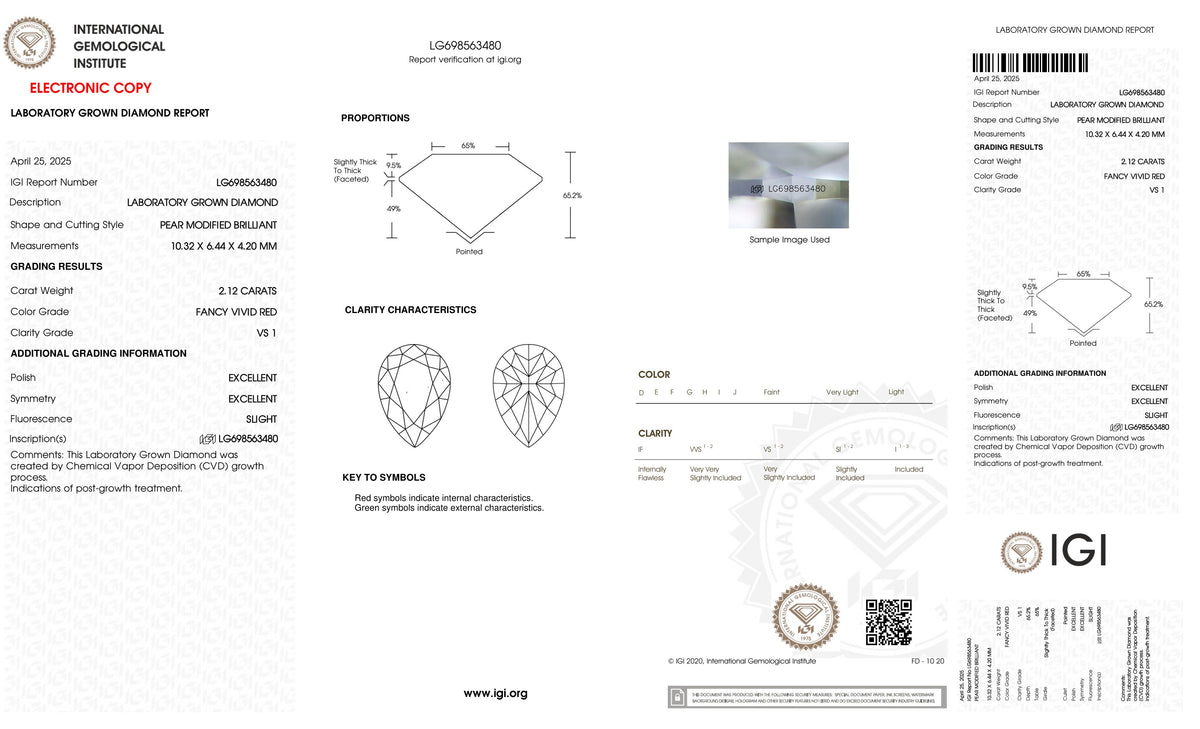 Official IGI report LG698563480 (from igi.org) for this 2.12 carat Fancy Vivid Red lab-grown diamond