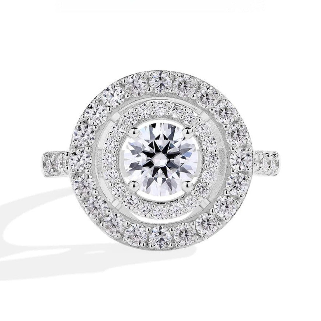 Round moissanite double halo engagement ring in 925 sterling silver