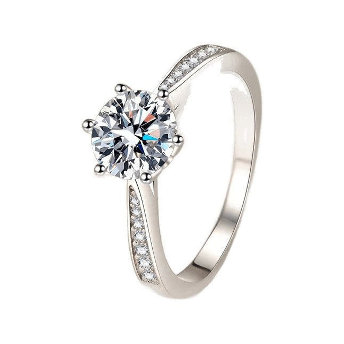 Round moissanite solitaire ring in 925 sterling silver, showing rainbow fire