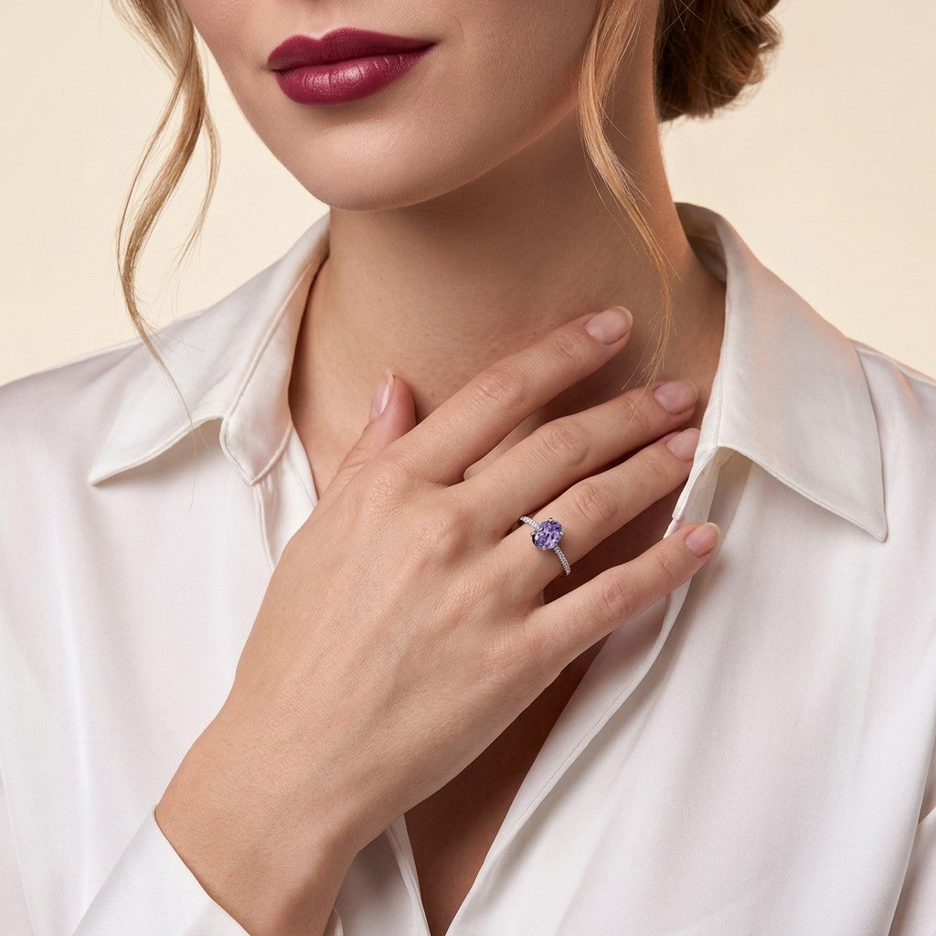 February birthstone – Amethyst – worn on model