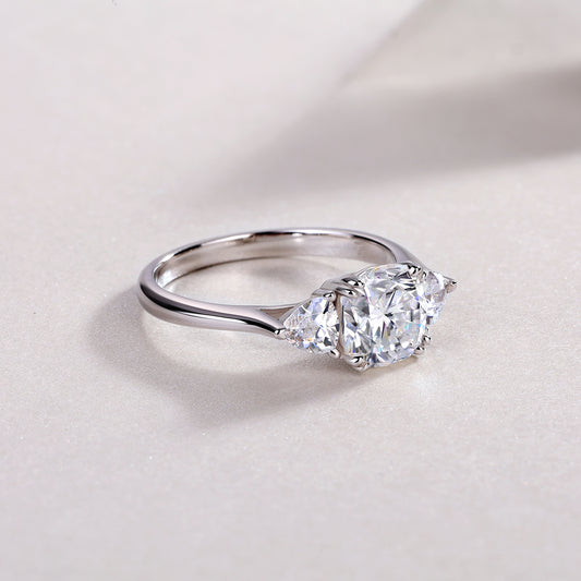 Cushion Moissanite Three-Stone Ring with Pear Sides in 925 Silver