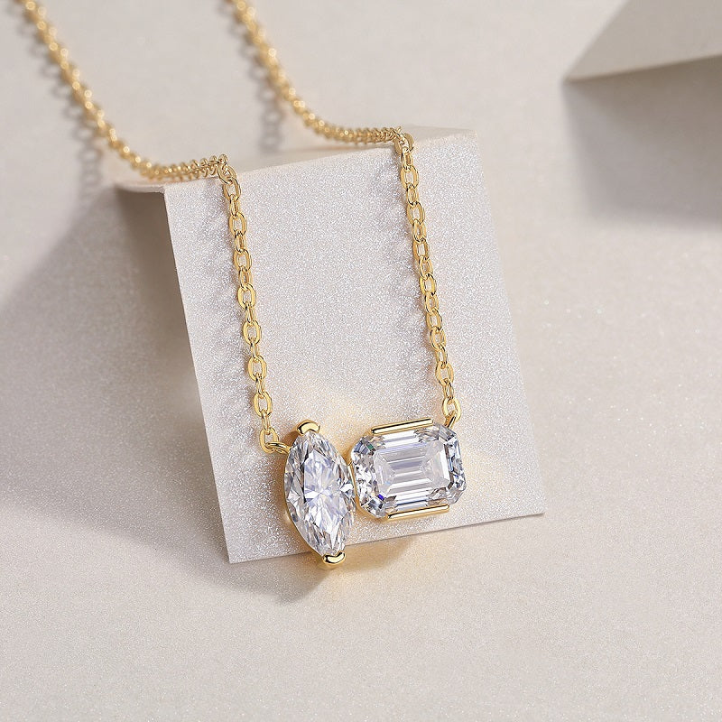 Marquise and Emerald-Cut Moissanite Toi et Moi Necklace in Gold-Plated 925 Silver