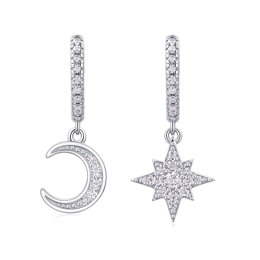 Moissanite Moon and Star Mismatched Huggie Drop Earrings in 925 Silver