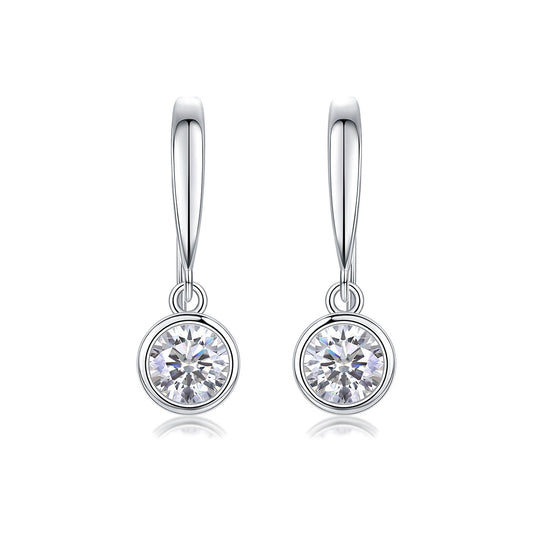Round Moissanite Bezel Drop Earrings in 925 Sterling Silver