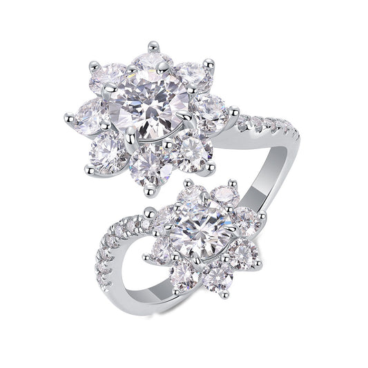 Moissanite Double Flower Cluster Bypass Ring in 925 Sterling Silver