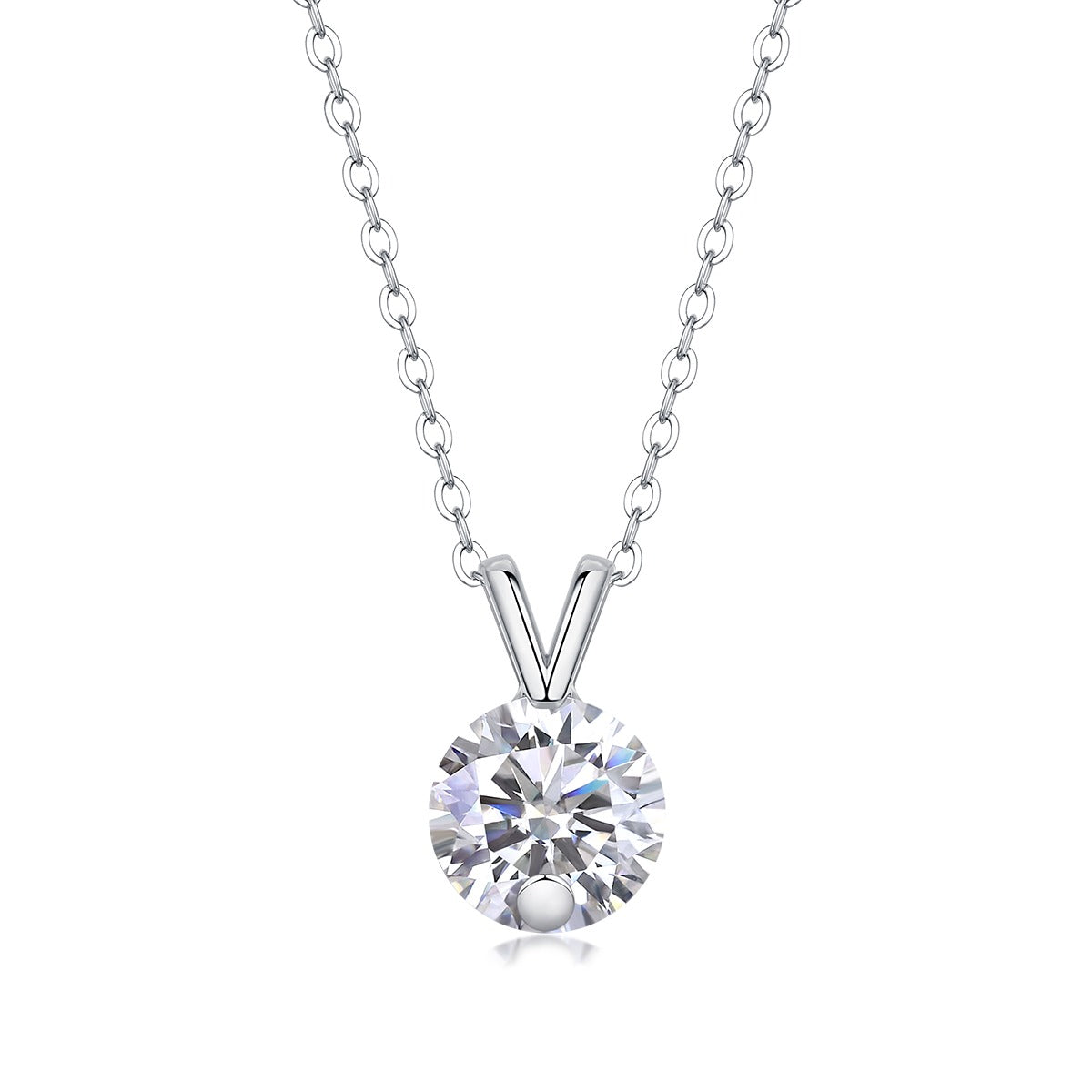 Round Moissanite V-Bail Solitaire Pendant Necklace in 925 Sterling Silver
