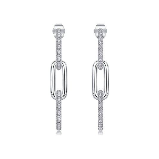 Pave Moissanite Paperclip Link Drop Earrings in 925 Sterling Silver