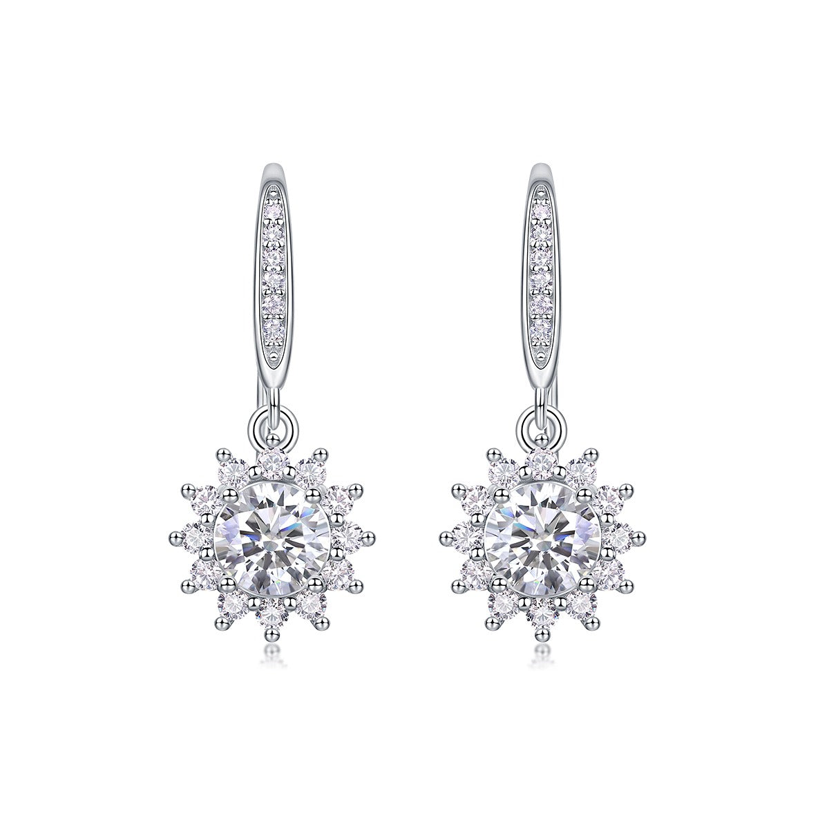 Round Moissanite Sunburst Halo Drop Earrings in 925 Sterling Silver
