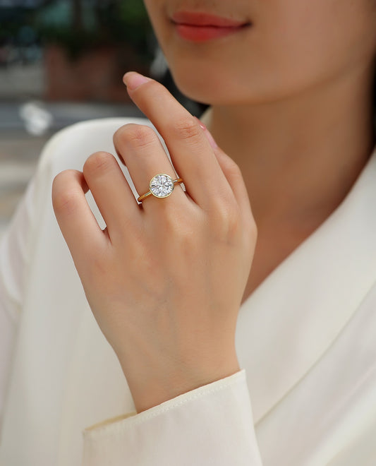Round Moissanite Bezel Solitaire Ring in Gold-Plated 925 Silver - worn