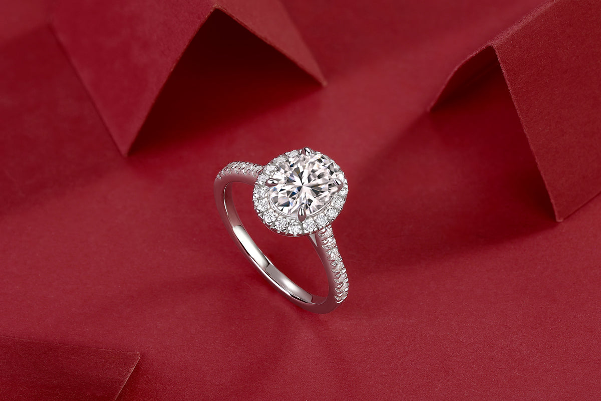 Oval Moissanite Halo Engagement Ring in 925 Sterling Silver