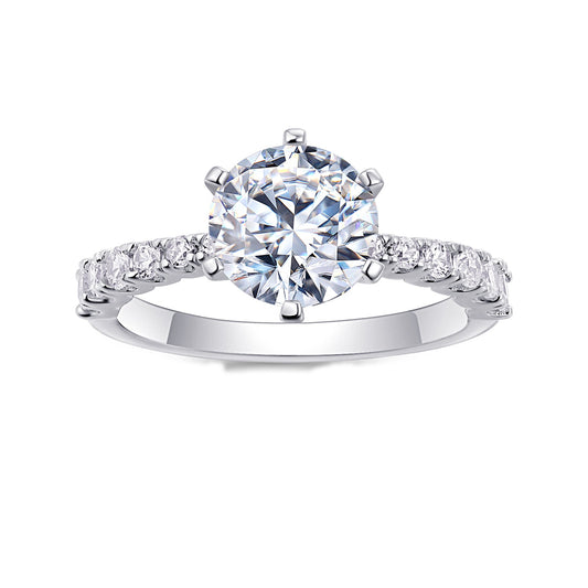 Round Moissanite Six-Prong Solitaire Ring with Pave Band in 925 Silver