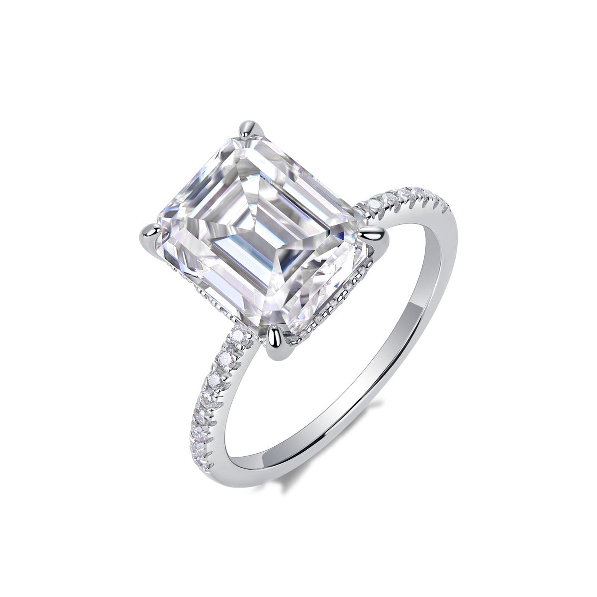 Emerald-Cut Moissanite Hidden-Halo Solitaire Ring in 925 Silver