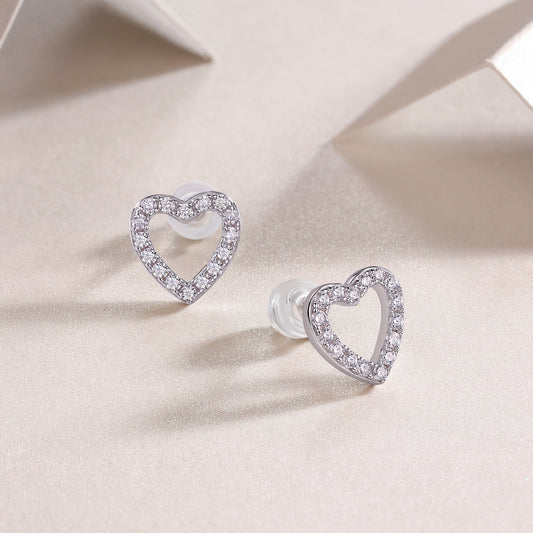 Moissanite Pave Open Heart Stud Earrings in 925 Sterling Silver