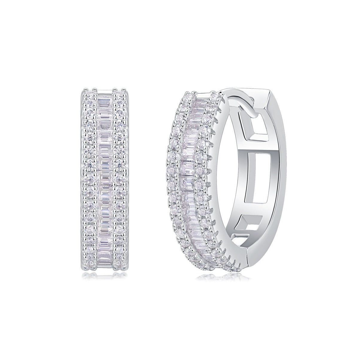 Baguette and Pave Moissanite Huggie Hoop Earrings in 925 Sterling Silver