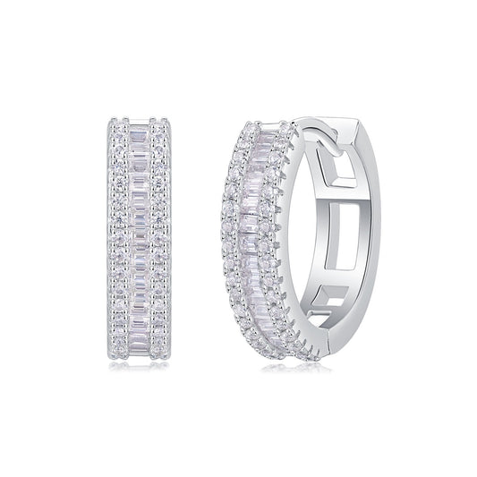 Baguette and Pave Moissanite Huggie Hoop Earrings in 925 Sterling Silver