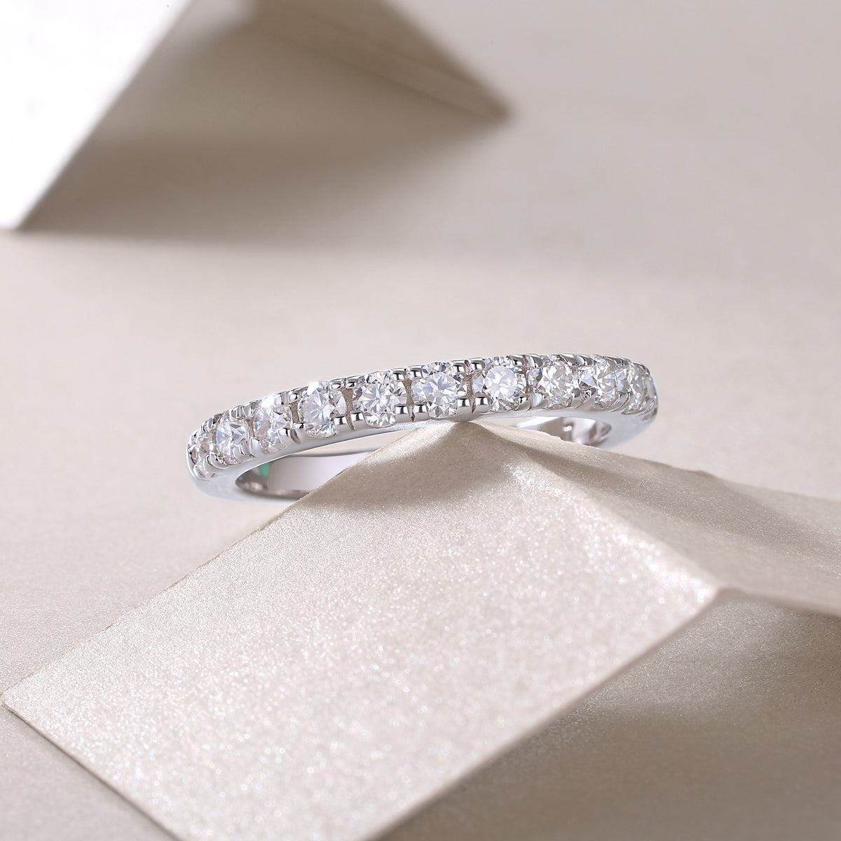 Round Moissanite Classic Pave Half-Eternity Band in 925 Silver