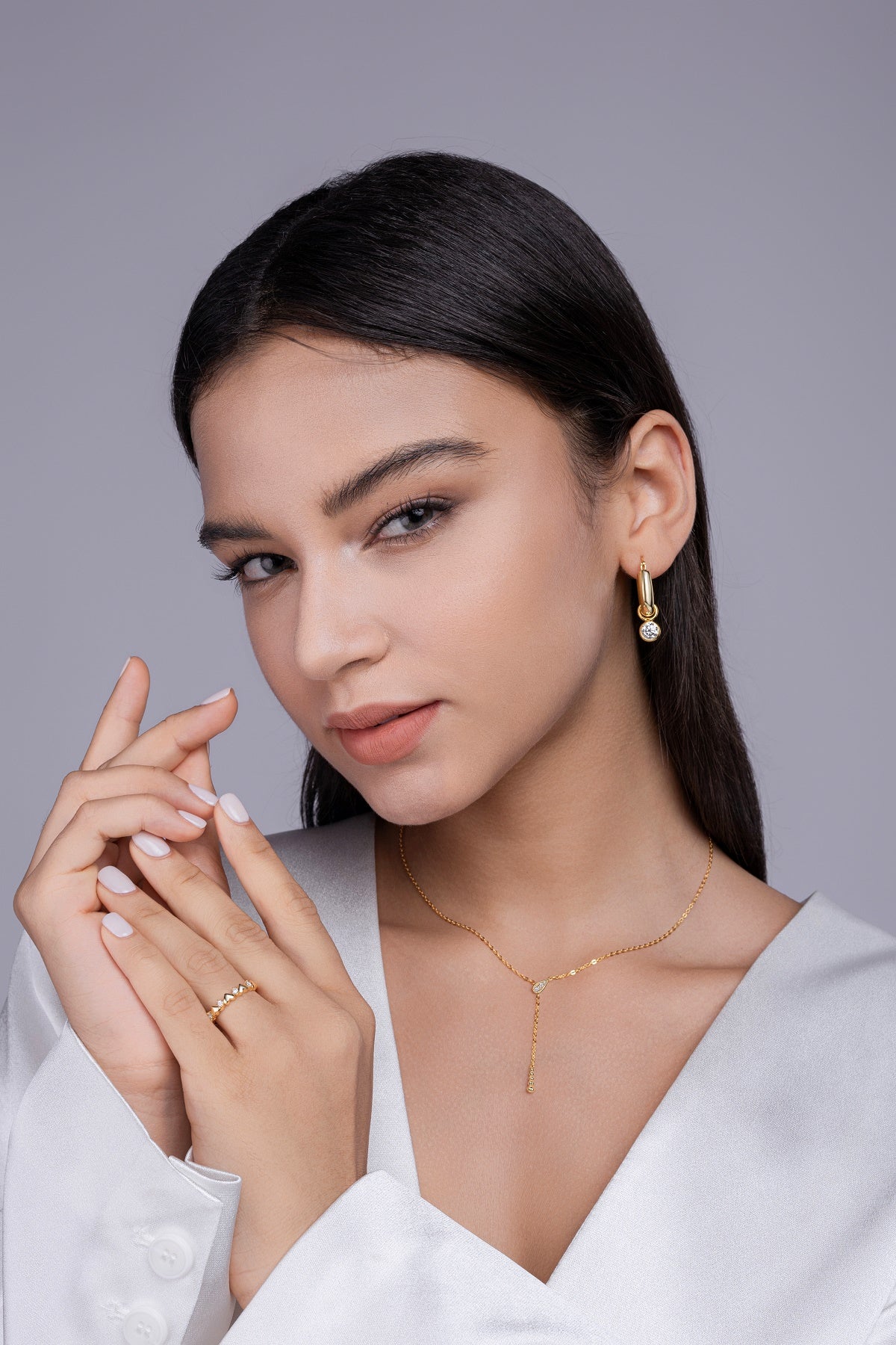 Moissanite Teardrop Y Lariat Necklace in Gold-Plated 925 Sterling Silver - worn