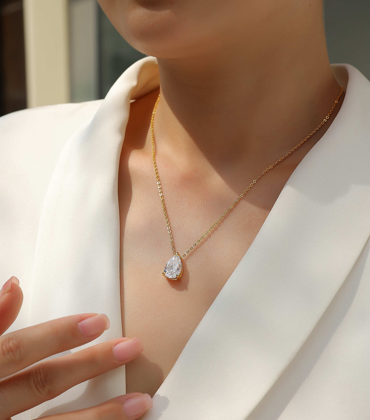 Pear Moissanite Solitaire Pendant Necklace in Gold-Plated 925 Silver - worn